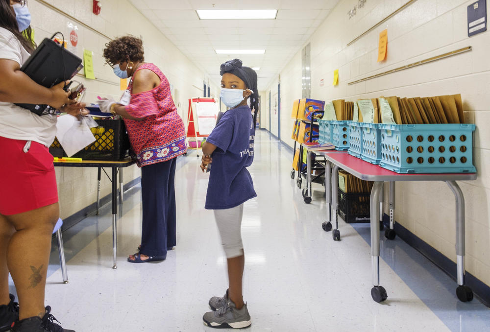 Students at Heritage Elementary School in Macon recently picked up laptops for the start of virtual school for fall 2020.