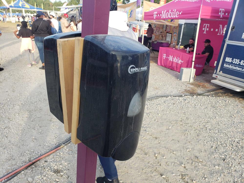A hand sanitizer station at the 2020 Georgia State Fair.