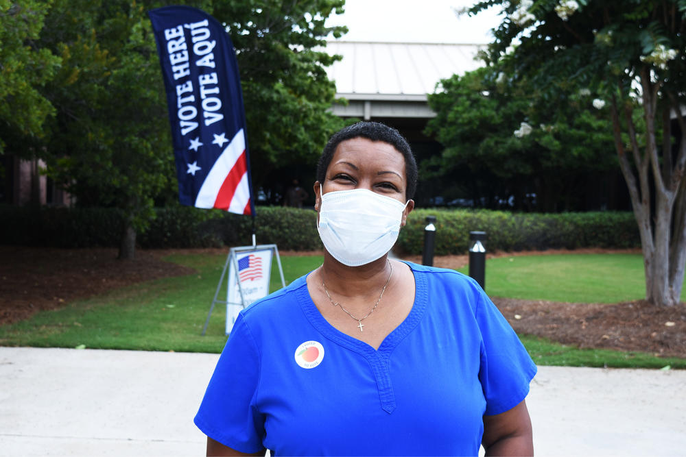   Angela Maddox after voting in a primary runoff in August.