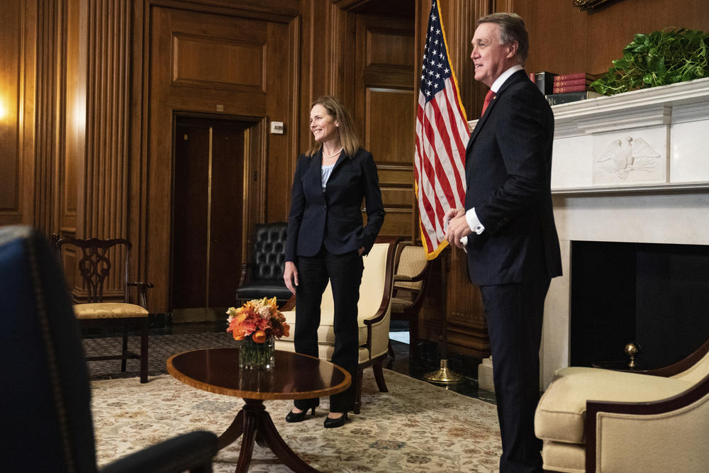 Judge Amy Coney Barrett, President Donald Trumps nominee for the U.S. Supreme Court, meets with Sen. David Perdue, R-Ga., on Capitol Hill in Washington, Wednesday, Sept. 30, 2020.