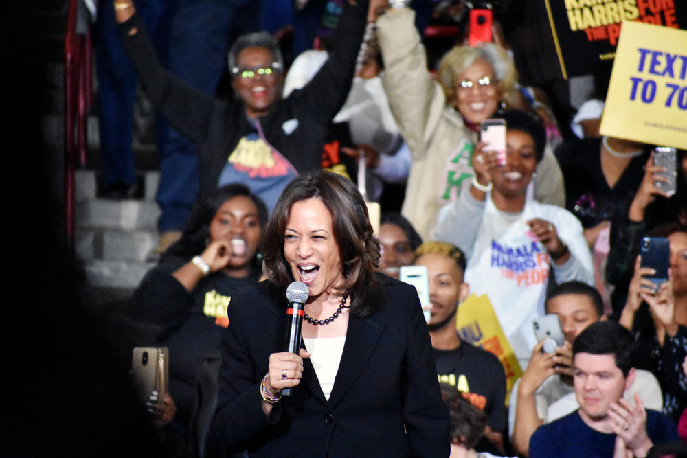 Democratic vice presidential nominee Kamala Harris speaks at a rally for her then-presidential run in Atlanta March 24, 2019.