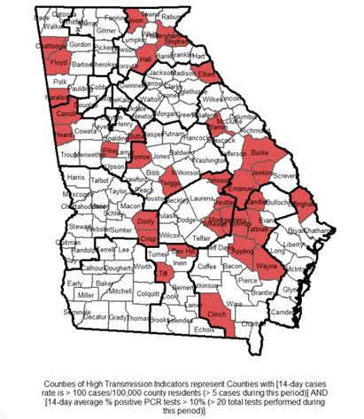 Counties in red have recent high infection rates of COVID-19.