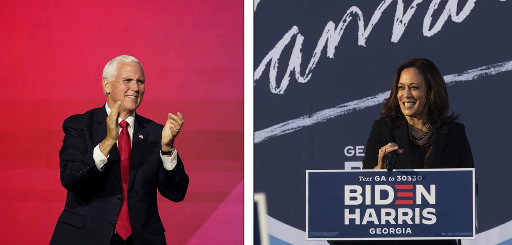 L: Vice President Mike Pence greets the crowd before he speaks during a Faith and Freedom Coalition policy conference in Atlanta on Wednesday, Sept. 30, 2020. R: Democratic vice presidential candidate Sen. Kamala Harris, D-Calif., speaks during a campaign event at Morehouse College , Friday, Oct. 23, 2020, in Atlanta.