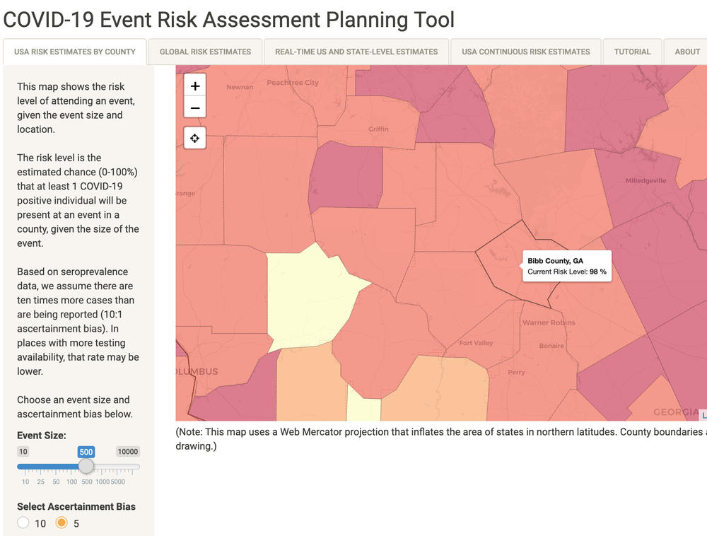 The Georgia Tech COVID-19 Event Risk Assessment Tool currently puts the risk of encountering someone with COVID-19 in a crowd of 500 at 98%.