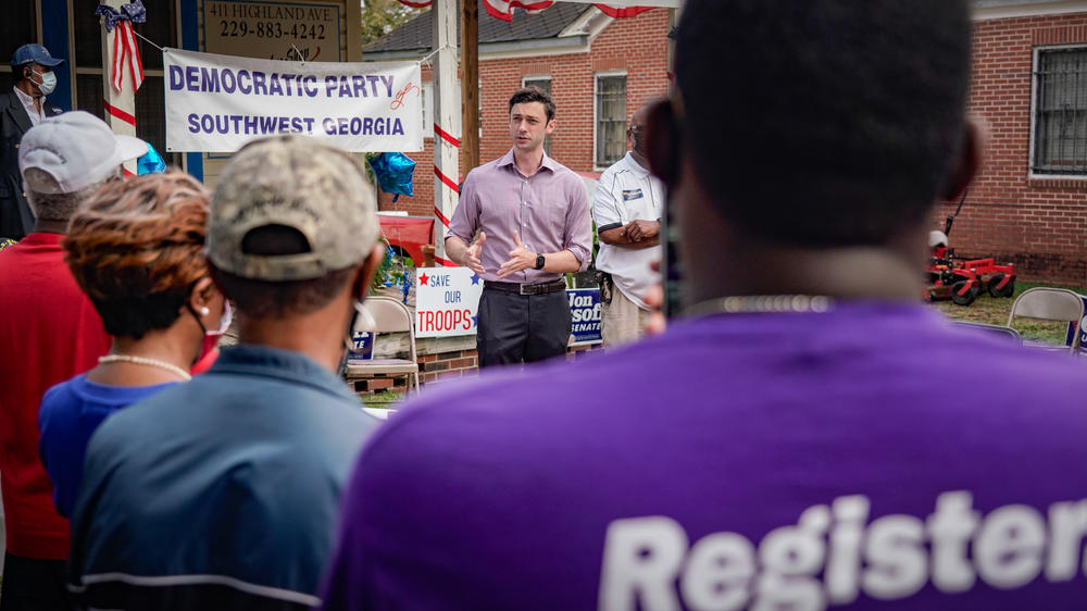 Democratic Senate candidate Jon Ossoff speaks in Albany.