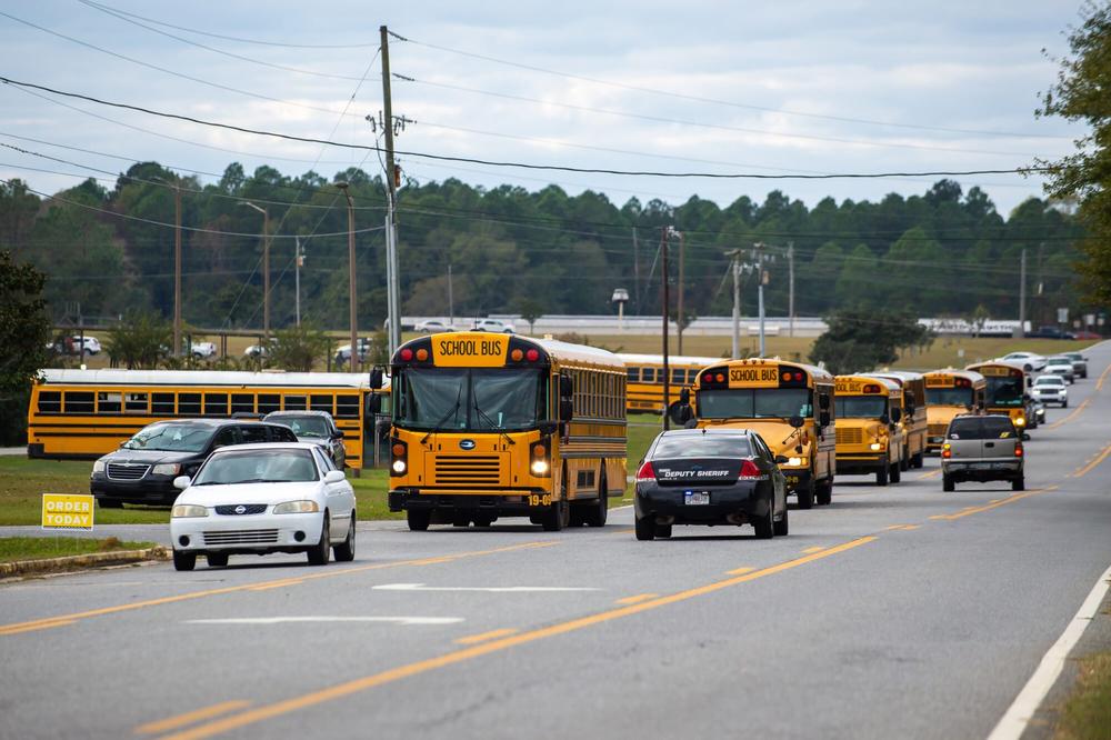 School buses carrying students home from Swainsboro Middle School. 