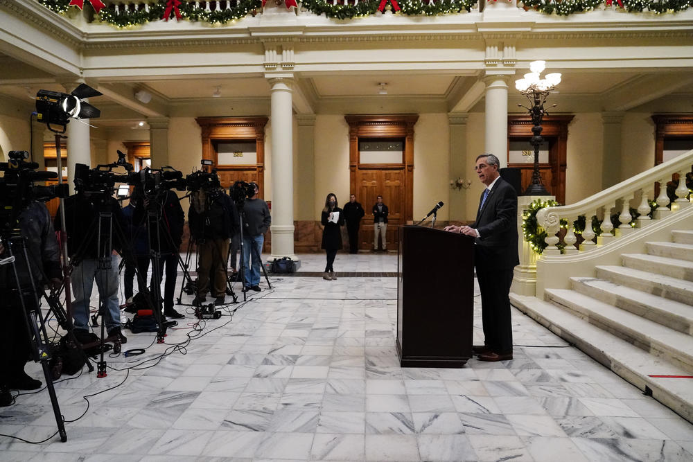 Georgia Secretary of State Brad Raffensperger speaks during a news conference on Friday, Nov. 20, 2020, in Atlanta.