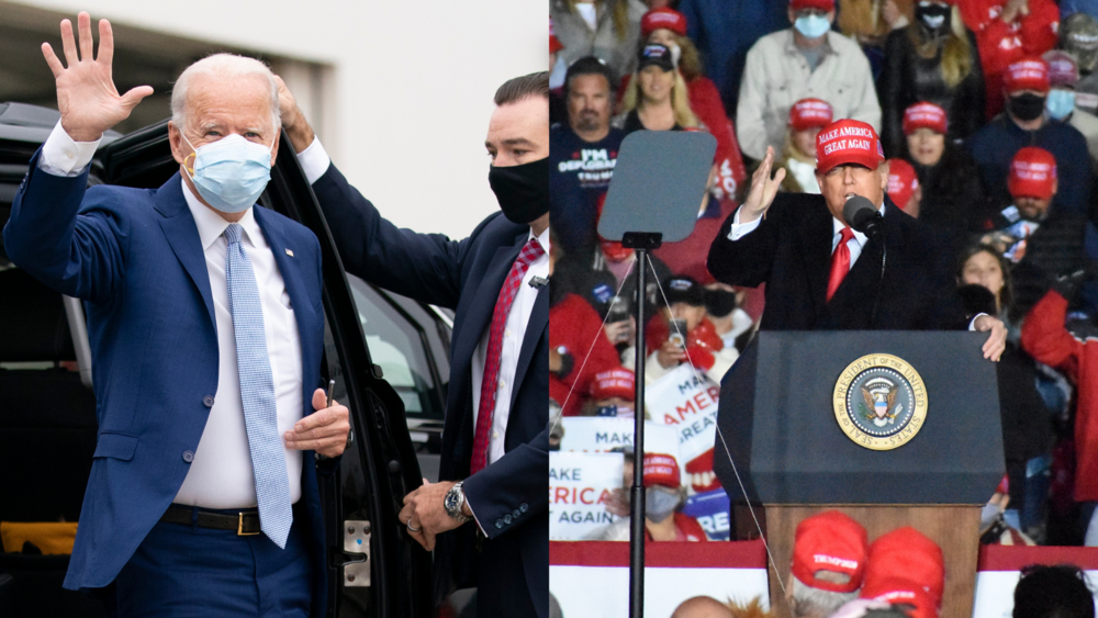 Trump and Biden stand on the stage.