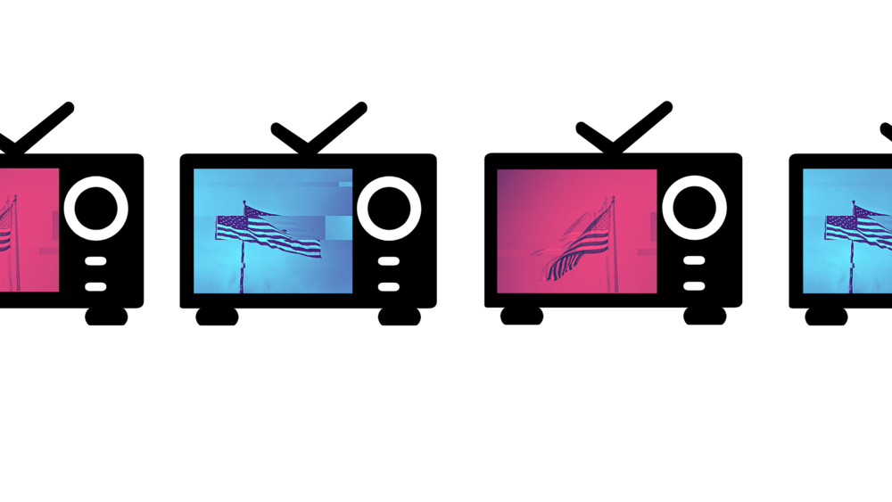 An illustration of a series of television sets with blue and red stylized photos of American flags.