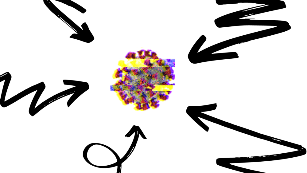 An illustration of several arrows pointing at a graphic of a COVID virus at the center of the screen.
