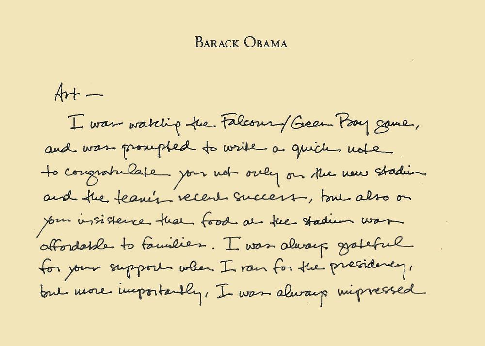 A message sent to Arthur Blank from President Obama in 2018, thanking him for his commitment to affordability at the Mercedes-Benz Stadium after Blank cut concession prices by 50%.  