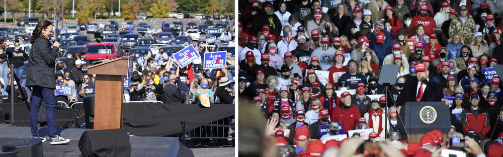 Democratic vice presidential candidate Sen. Kamala Harris speaks to supporters in Duluth, Nov. 1, 2020, as President Trump campaigns the same day in Rome.