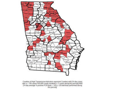 Map of high transmission counties in Georgia