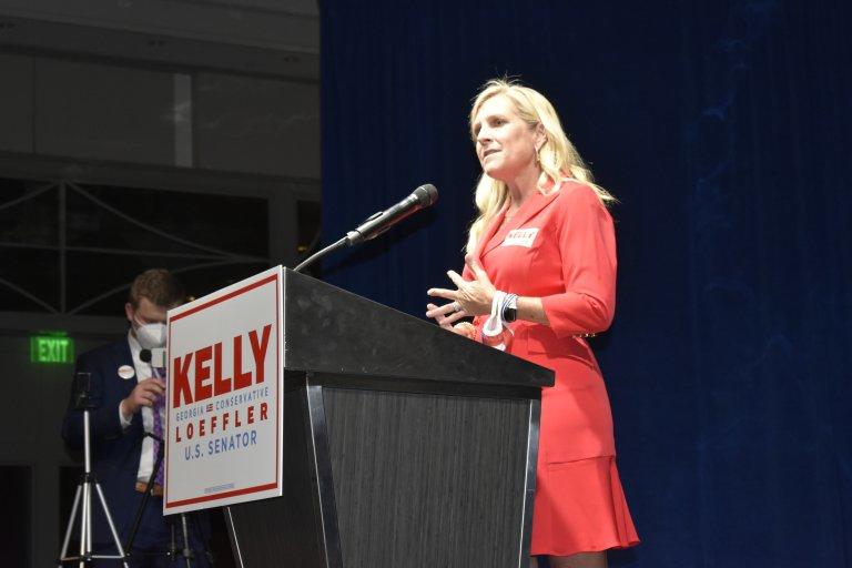 First Lady Marty Kemp gave an update on Gov. Brian Kemp's health before speaking to Sen. Kelly Loeffler supporters during an election night rally.