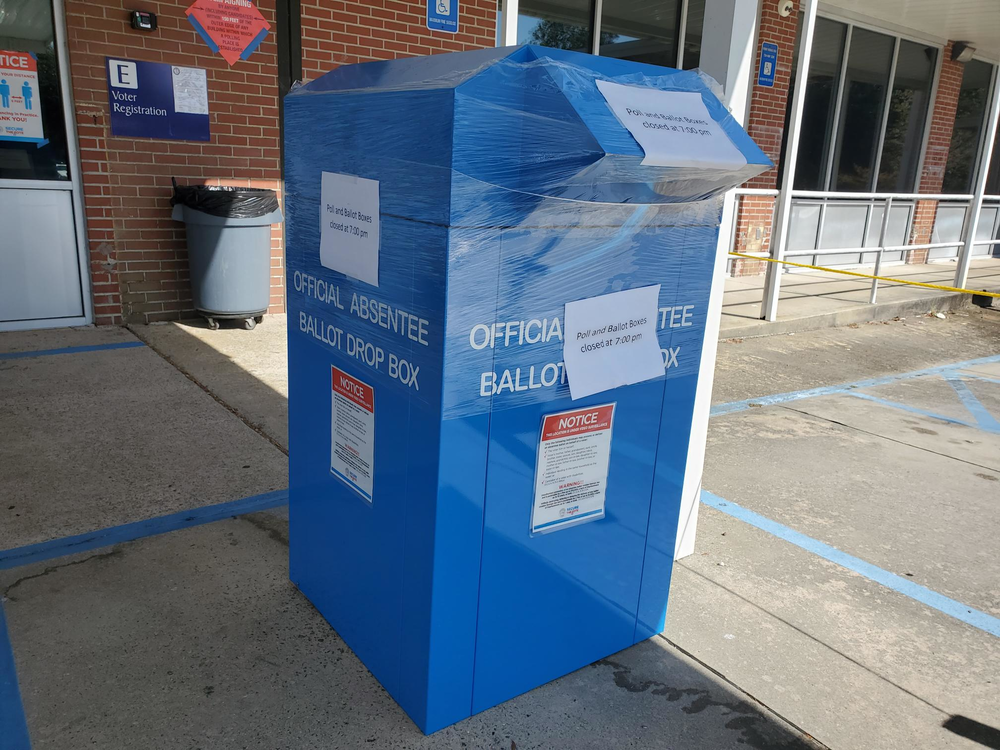 A ballot dropbox outside the Chatham County Board of Elections headquarters in Savannah, now sealed, with notices that polling closed at 7 p.m. on election day.