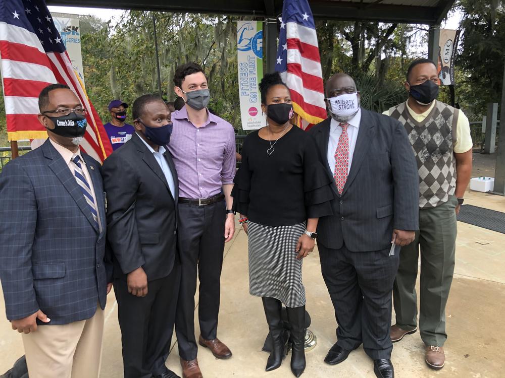 From left: Michael Fowler, Winfred Dukes, Jon Ossoff, CaMia Hopson, Demetrius Young, Derrick Jackson