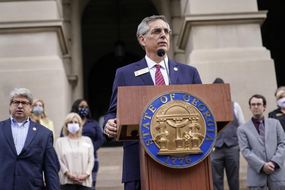 Georgia Secretary of State Brad Raffensperger speaks during a news conference on Nov. 11, 2020, in Atlanta.