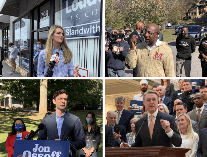 Georgia voters will get the rare opportunity to send two candidates to the U.S. Senate in a Jan. 5 runoff. At top, appointed GOP U.S. Sen. Kelly Loeffler is set to face Democrat Rev. Raphael Warnock. Bottom left is Democrat Jon Ossoff who will face incumbent Republican U.S. Sen. David Perdue.