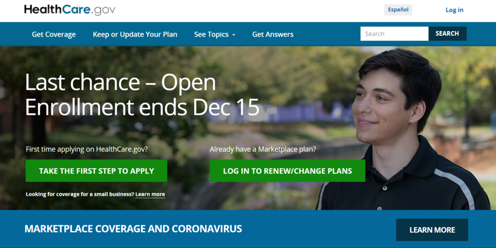 Screenshot of healthcare dot gov website