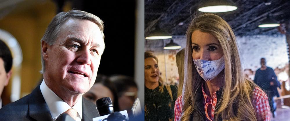 A splitscreen photo of Senators David Perdue and Kelly Loeffler.