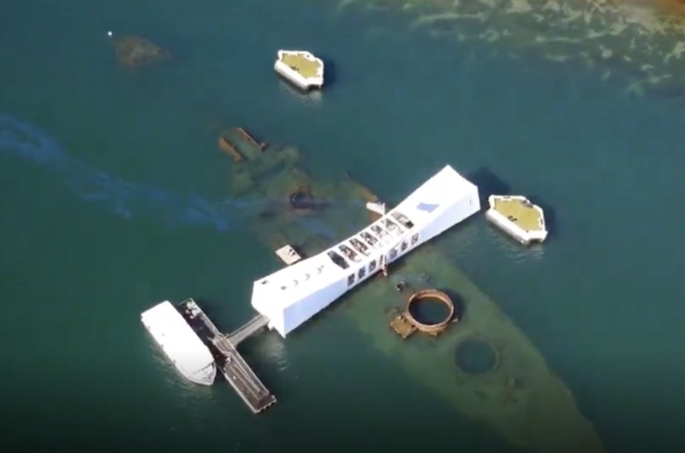 An overhead view of the USS Arizona Memorial