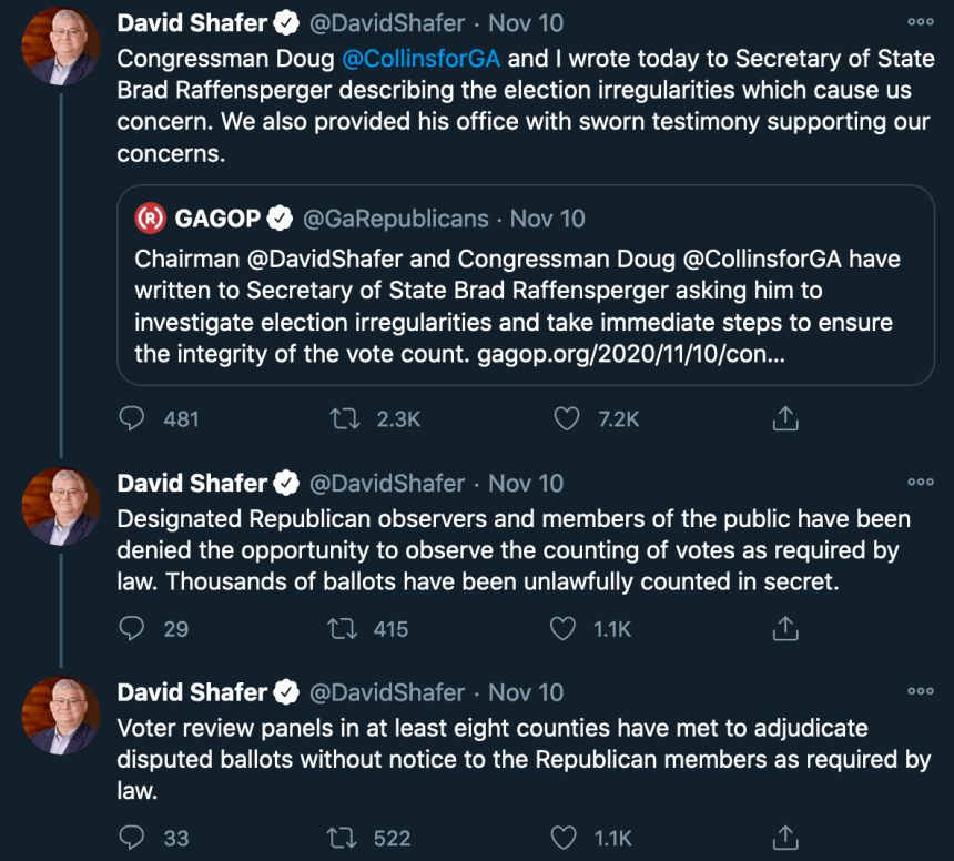 Tweets from Georgia GOP Chair David Shafer on November 10, 2020.