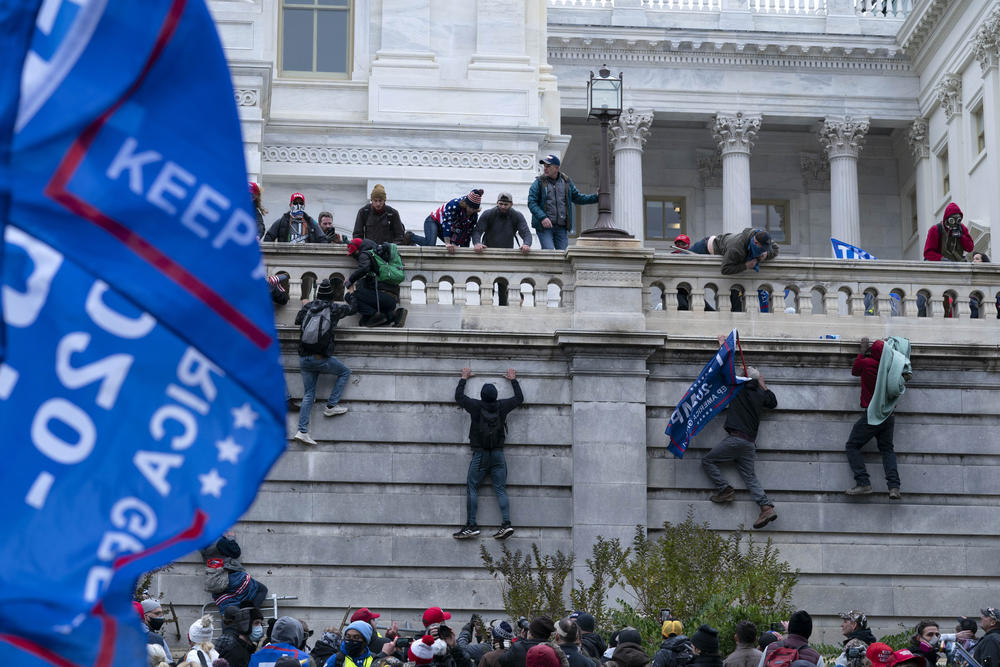 A mob scales the walls at the U.S. capitol.