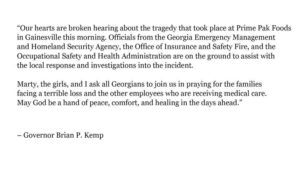 Gov. Kemp releases statement following tragedy at Gainesville poultry plant.