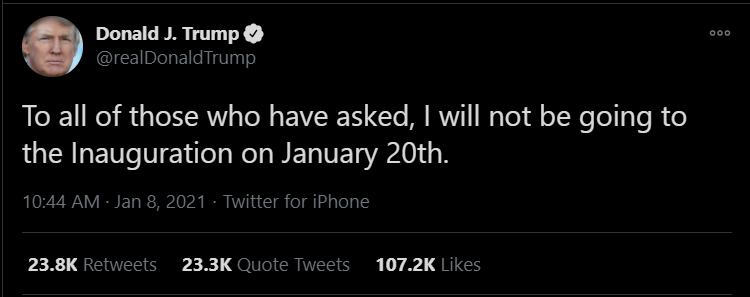 President Trump tweets he won't be in attendance at Joe Biden's inauguration.