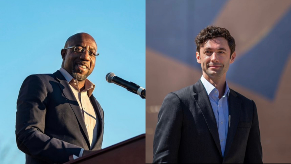 A splitscreen image of Reverend Raphael Warnock and Jon Ossoff.