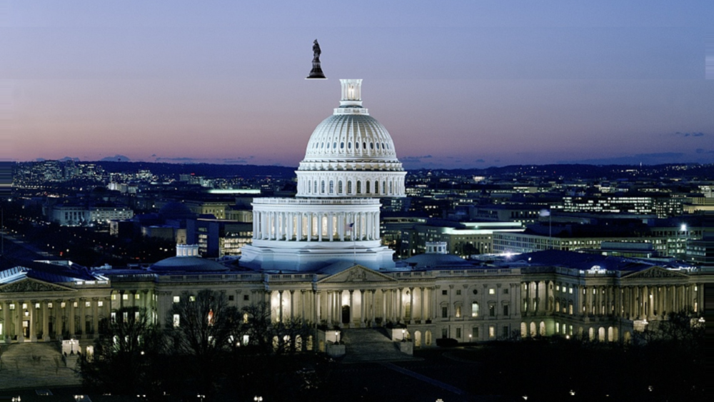An image of the U.S. capitol at night with the image clipped and altered.