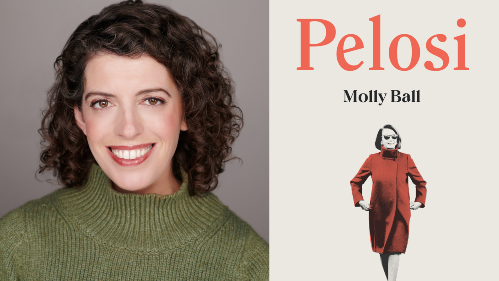 A side-by-side shot of author Molly Ball and her book Pelosi.