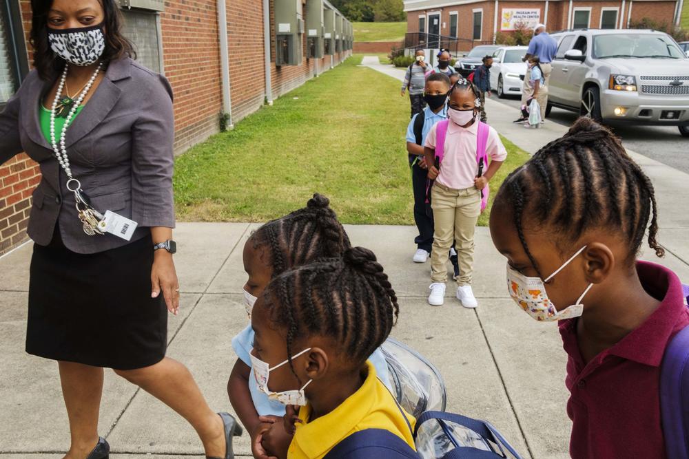 Students at Ingram-Pye Elementary School in Macon waiting for their first day of in person instruction on November 9, 2020. Bibb County students would leave in person instruction a few weeks later. 