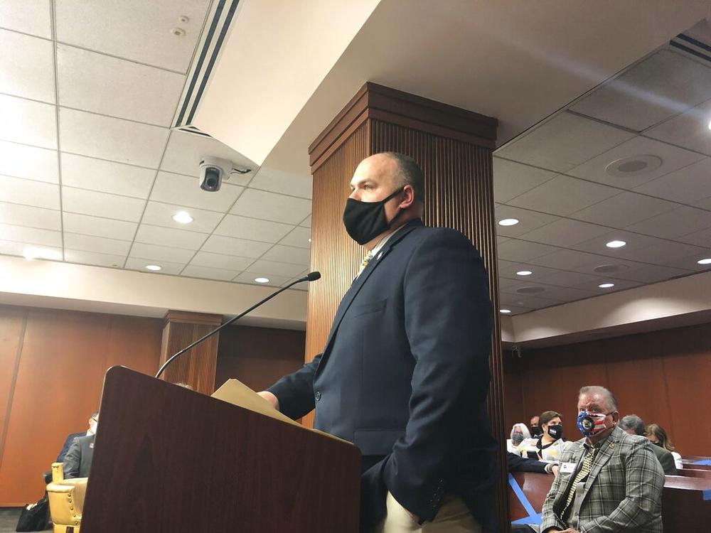 State Rep. Philip Singleton, R-Sharpsburg speaks, to members of a Georgia House subcommittee about his proposal to ban transgender girls and women from playing girls' high school sports and women's college sports, Tuesday, Feb. 9, 2021 in Atlanta. 