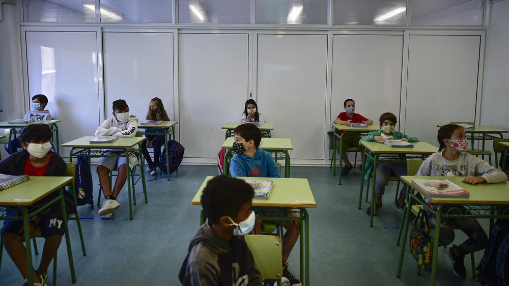 Students sit at rows of desks in a classrooms.