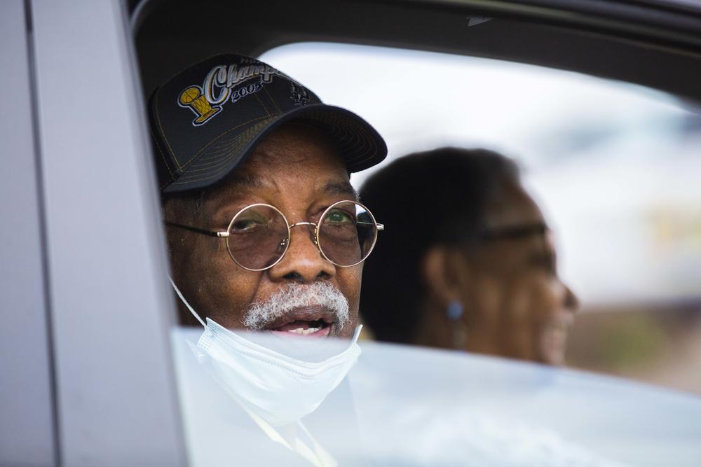 Christopher and Doris Blackmon of Jonesboro sit in a car at the Macon mass vaccination site Monday, Feb. 22, 2021.