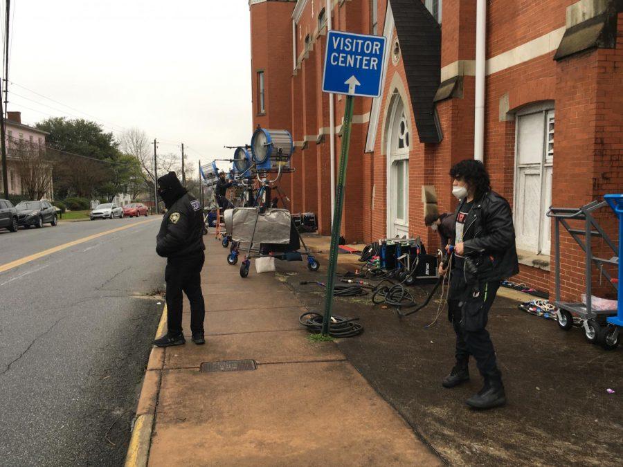 Crews set up lights Friday morning at First Baptist Church of Christ for filming scenes for an upcoming Showtime series “First Ladies” starring Viola Davis as Michelle Obama.