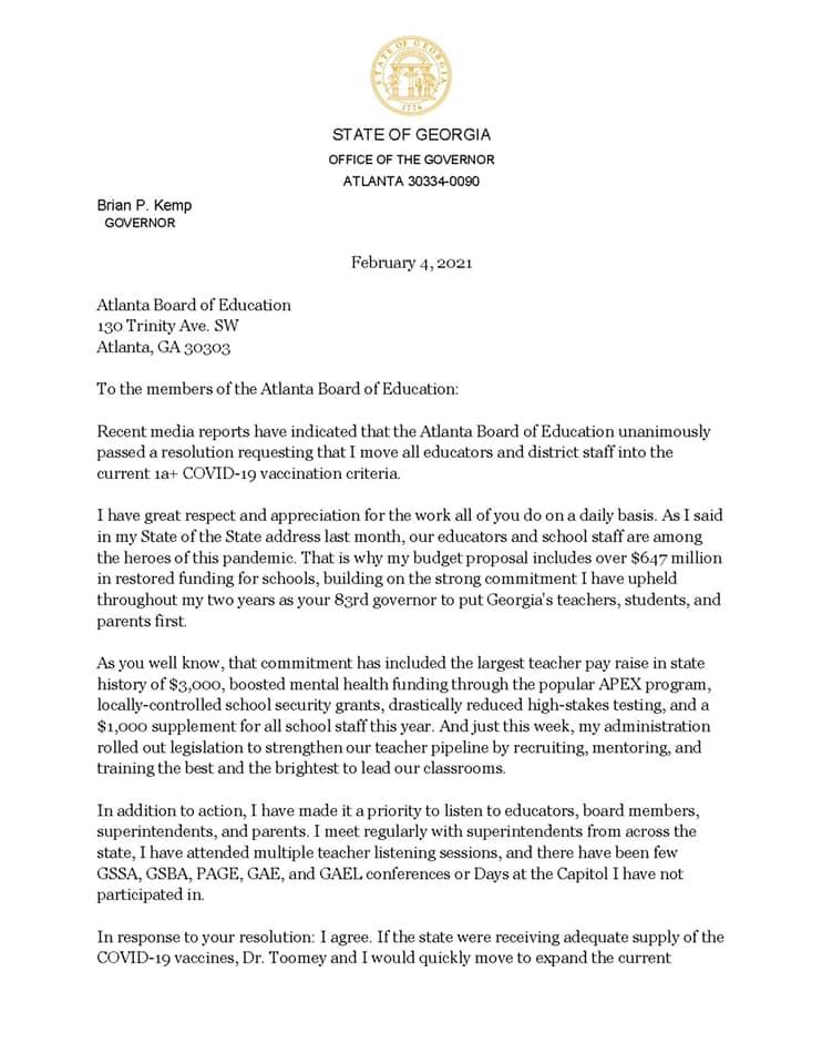 Governors letter to the Atlanta School Board