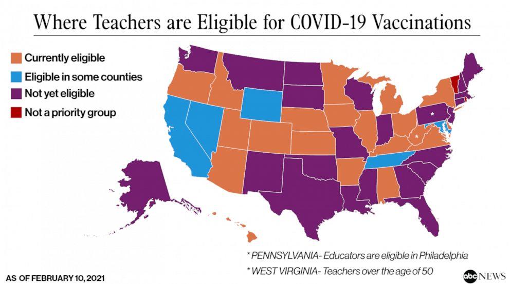 U.S. map of teacher eligibility for COVID-19 vaccine
