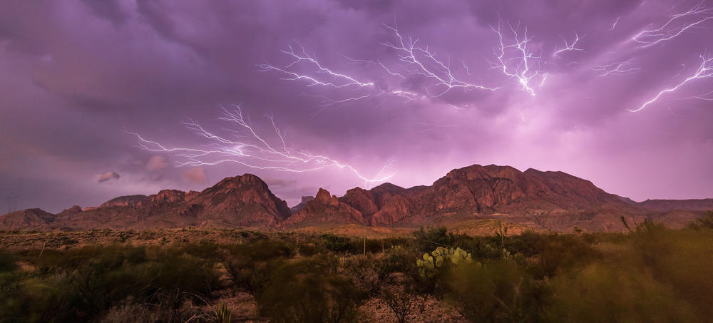 Lightning storm over Chisos Mountains in Big Bend, Texas.