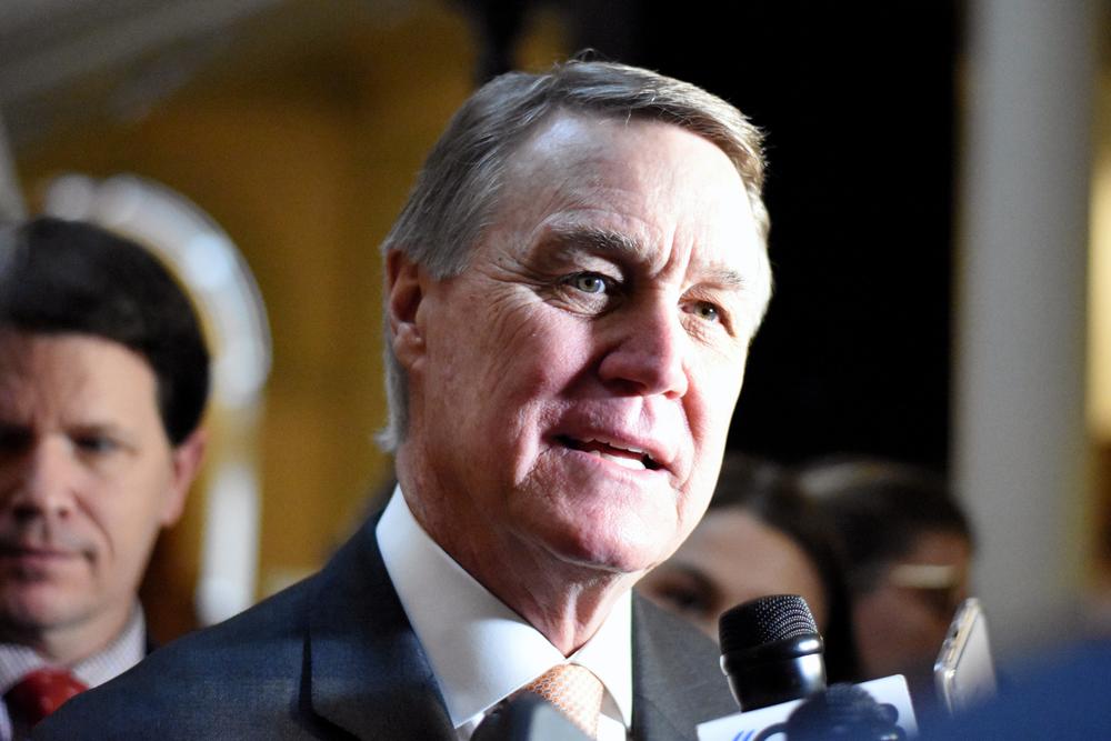 An image of David Perdue speaking to reporters.