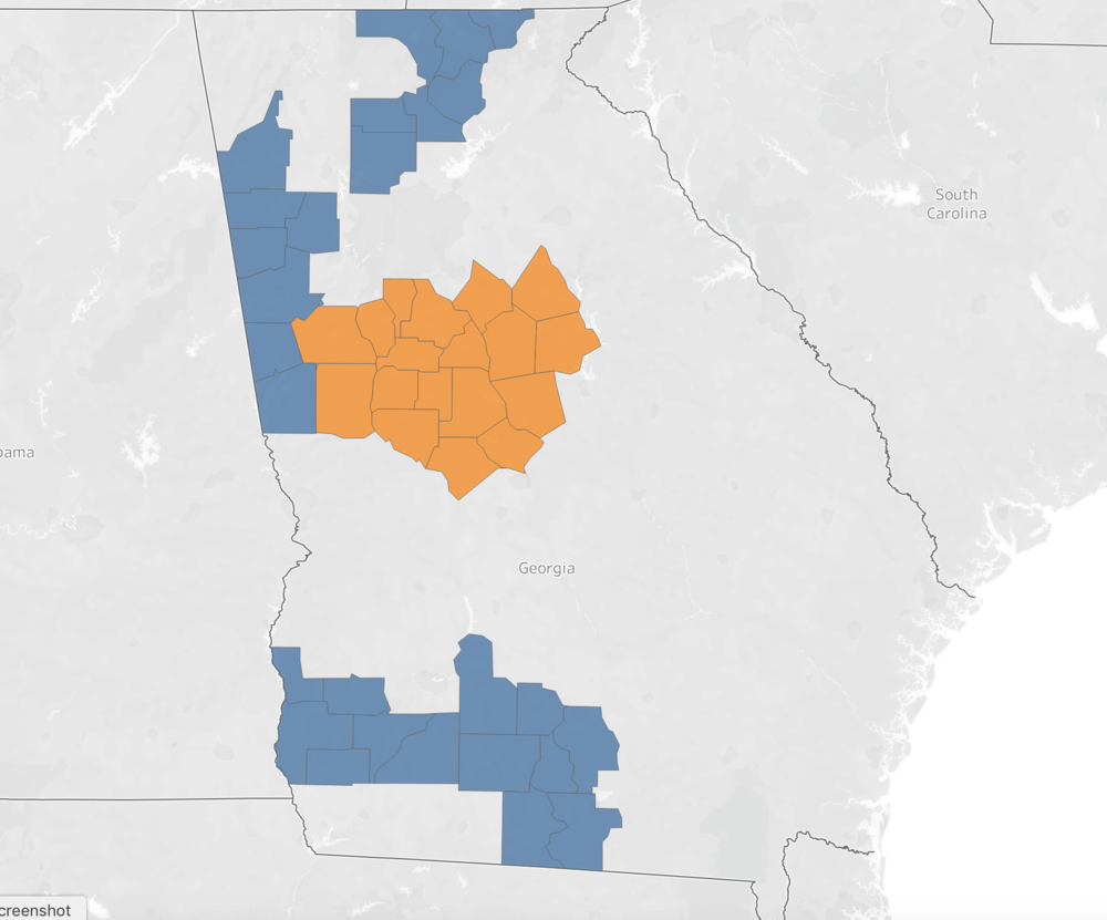 Counties in orange are part of the newly announced broadband internet initiative. Counties in blue are in older initiatives. 