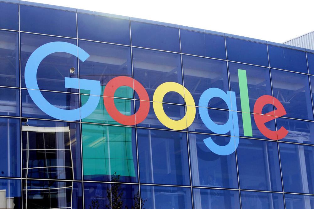 This Sept. 24, 2019, file photo shows a sign on a Google building at their campus in Mountain View, Calif. 