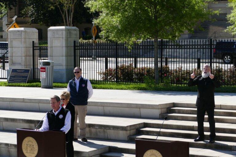 In April 2020 Gov. Brian Kemp made public health emergency announcements during outdoor press conferences across from the Capitol.