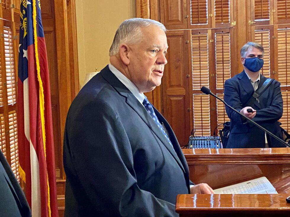 Georgia House Speaker David Ralston announces plans to study state intervention in Atlanta crime during a news conference at the state Capitol on March 25, 2021.