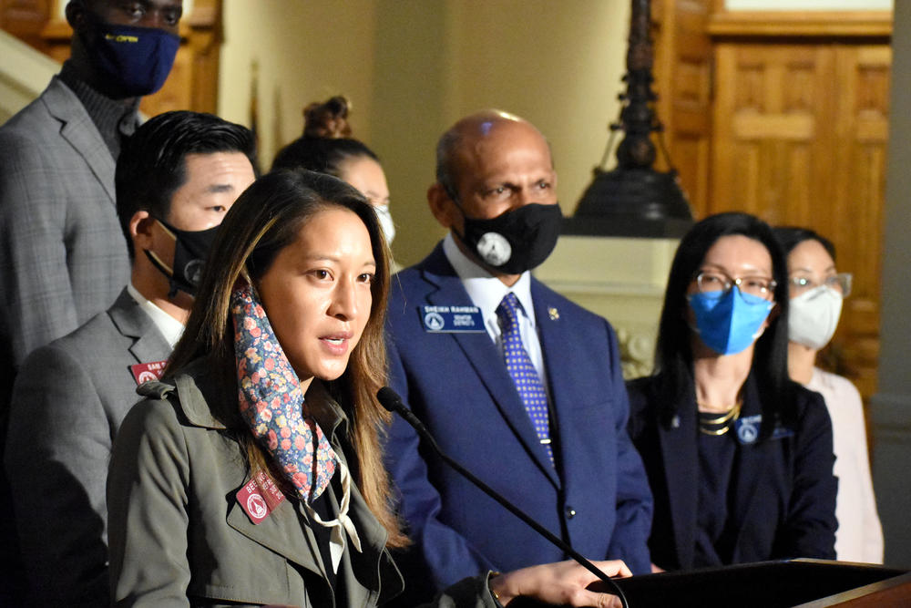 State Rep. Bee Nguyen (D-Atlanta) speaks at a press conference in the Georgia State Capitol Thursday, March 18, 2021.