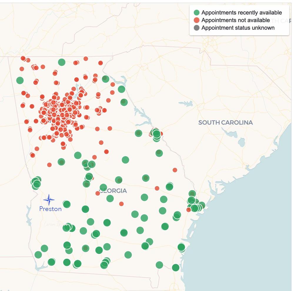 A map from vaccinspotter.org showing chain pharmacy COVID-19 vaccine providers across Georgia. Webster County is in a swath of the state with no chain pharmacies. 