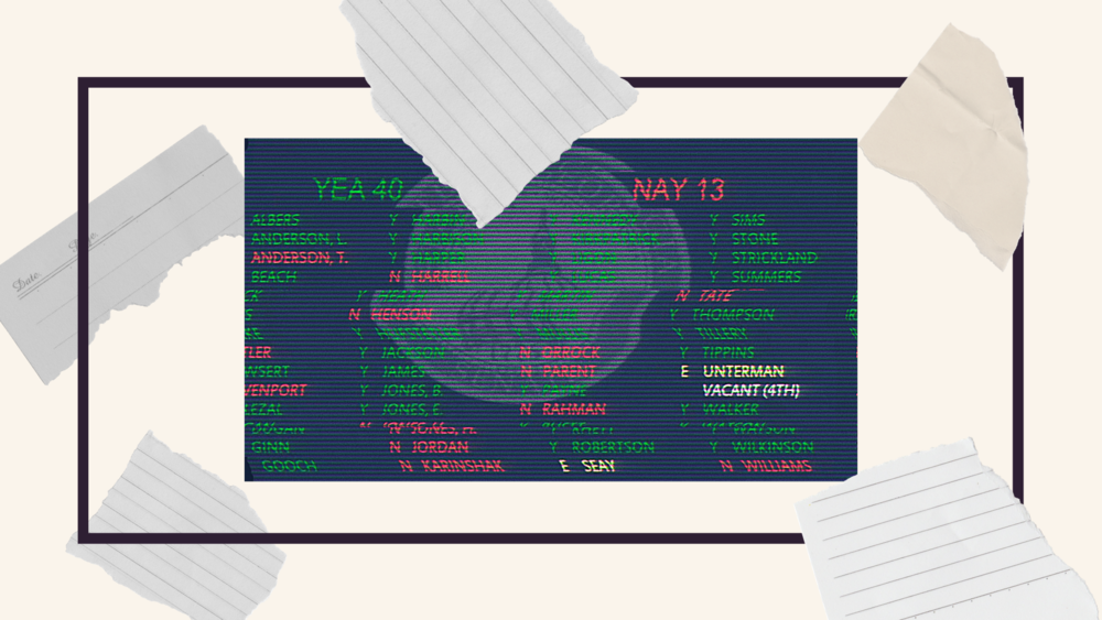 An illustration of paper falling over a screen showing a vote on a bill.