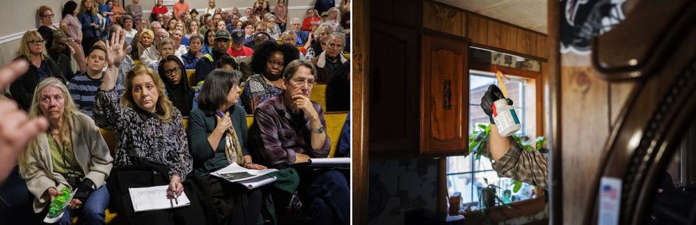 Residents of Juliette in a February, 2020 community meeting about their water, left, and a water sample saken by Fletcher Sams, right.
