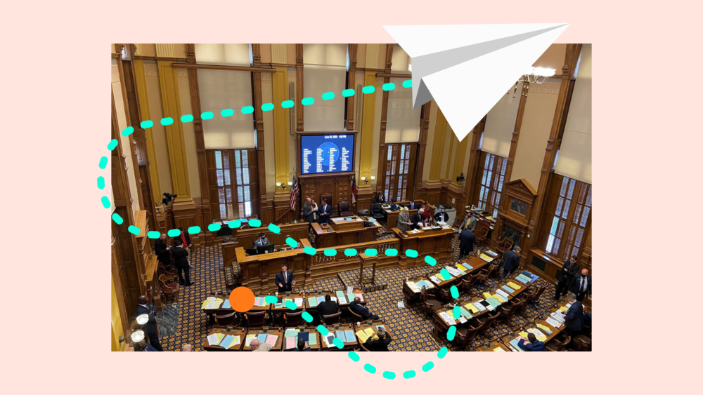 An illustration of a paper plane flying across a photo of the General Assembly.